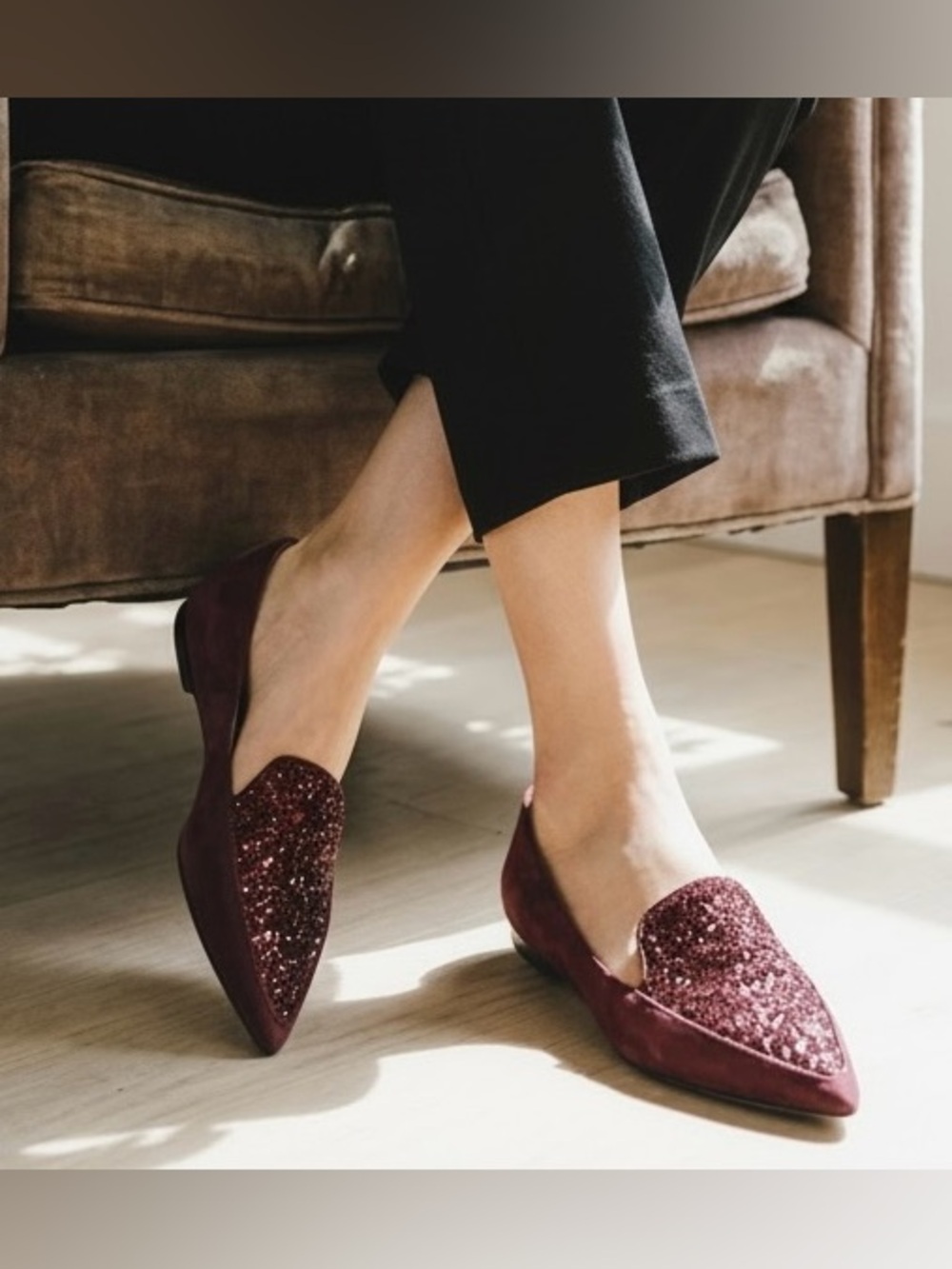 Jimmy Choo Guild Burgundy Glitter Suede Pointed Flats, size 37